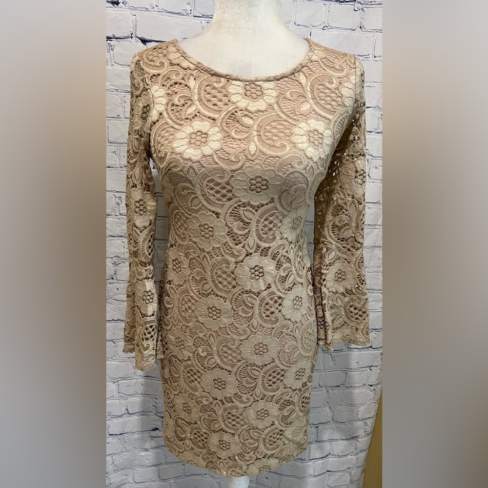 Amanda Lane Beige Allover Lace Dress Bell Sleeves Women's Size Petite Small